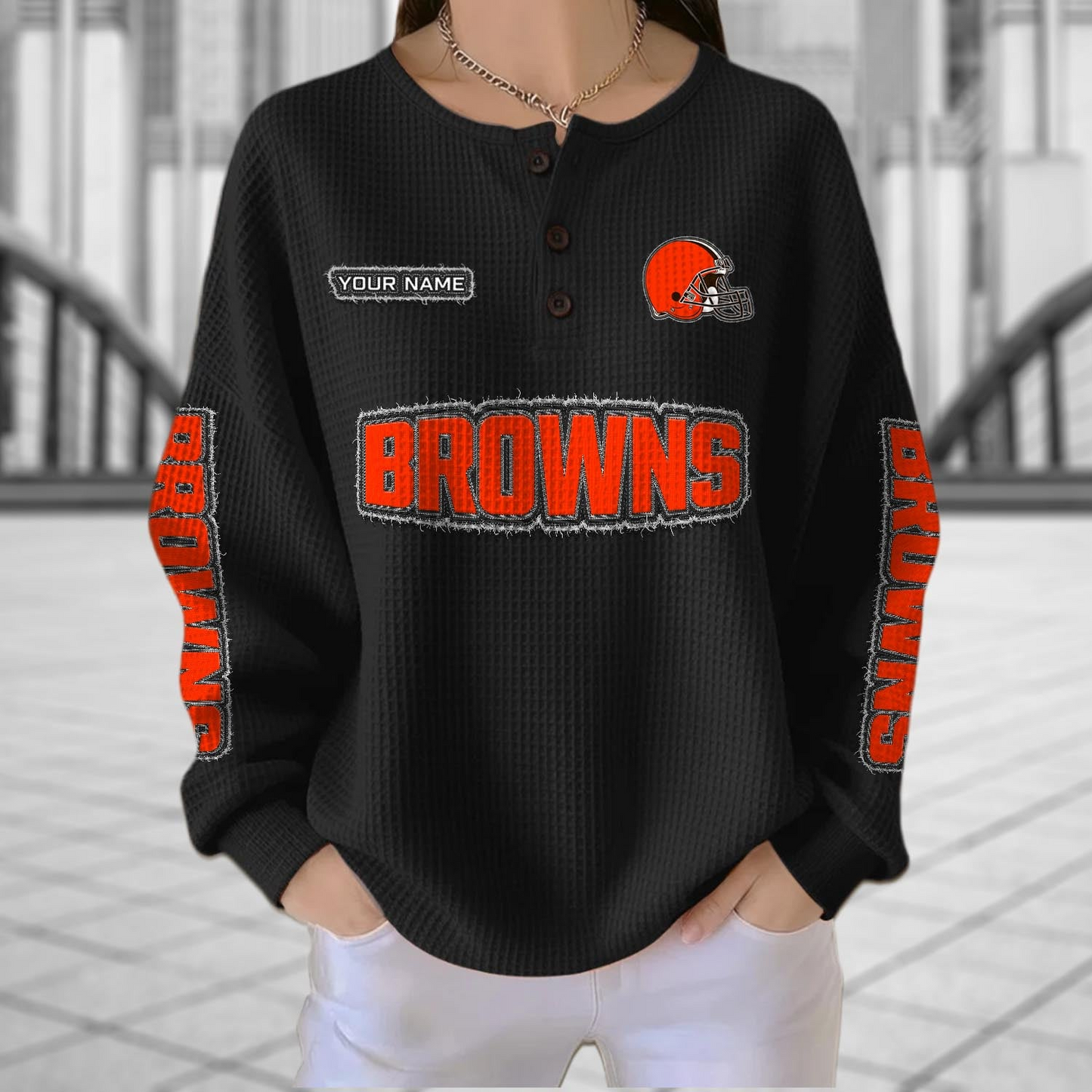 CLE x NFL Personalized Waffle Knit Henley Sweatshirt 2005 DatND DVT