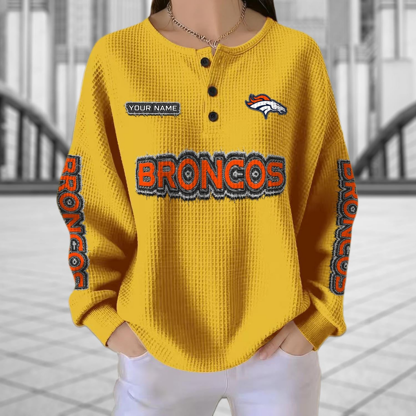 DEN x NFL Personalized Waffle Knit Henley Sweatshirt 2005 DatND DVT