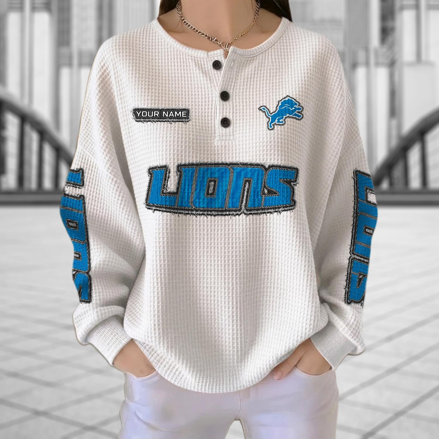 DET x NFL Personalized Waffle Knit Henley Sweatshirt 2005 DatND DVT