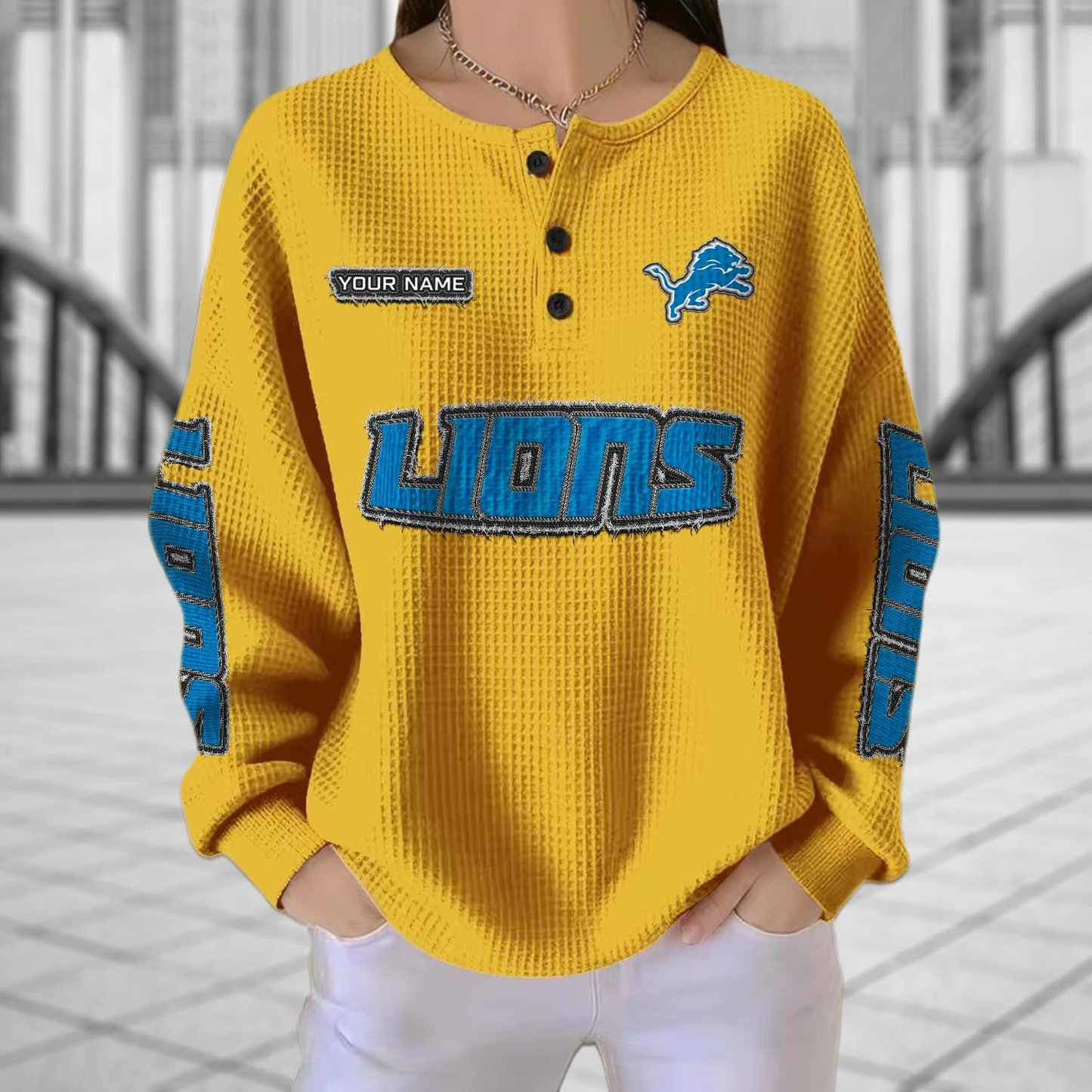 DET x NFL Personalized Waffle Knit Henley Sweatshirt 2005 DatND DVT