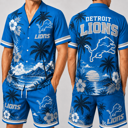 DET x NFL Premium Championship Edition Hawaiian Shirt & Shorts Set Casual Summer Beachwear 1206