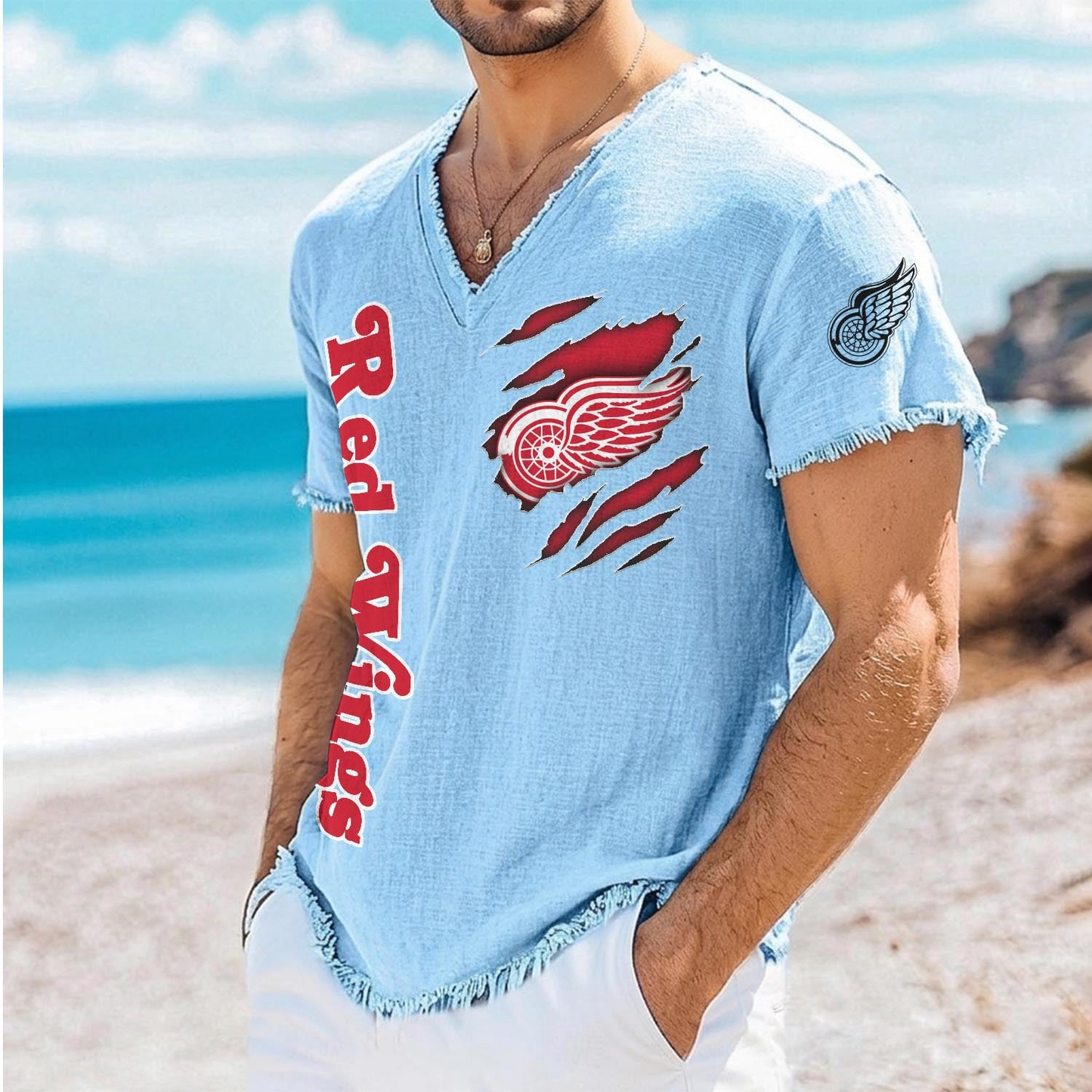 DET x NHL V-Neck Linen Beach Shirt 1905 DatND DVT