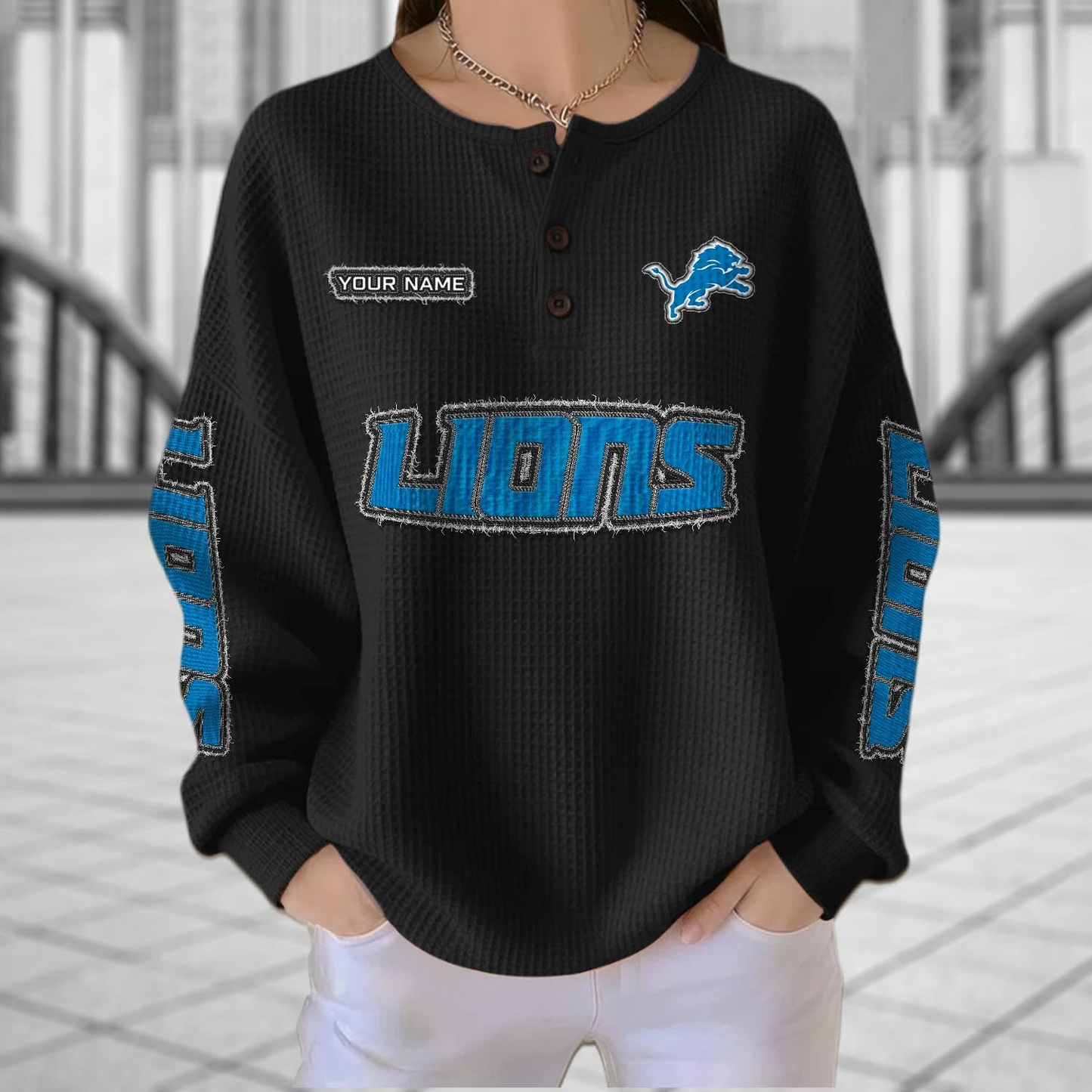 DET x NFL Personalized Waffle Knit Henley Sweatshirt 2005 DatND DVT