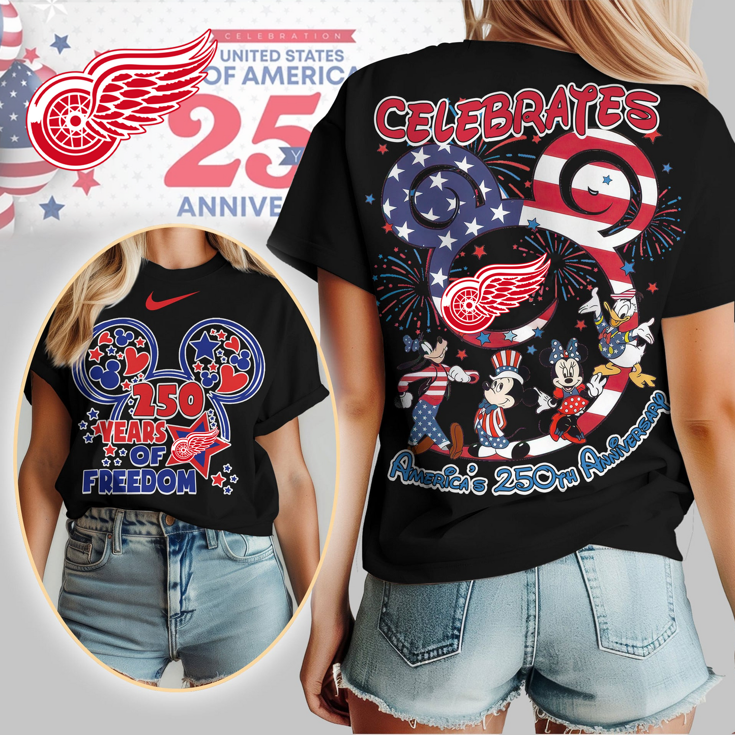 DRW Premium NHL Mickey Celebrates America 250th Anniversary Women Shirt DDT CTND