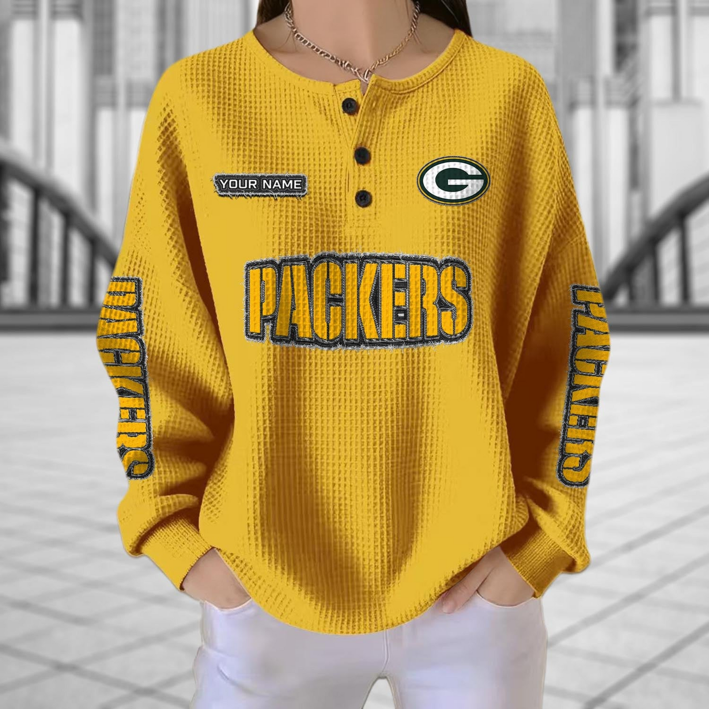 GB x NFL Personalized Waffle Knit Henley Sweatshirt 2005 DatND DVT
