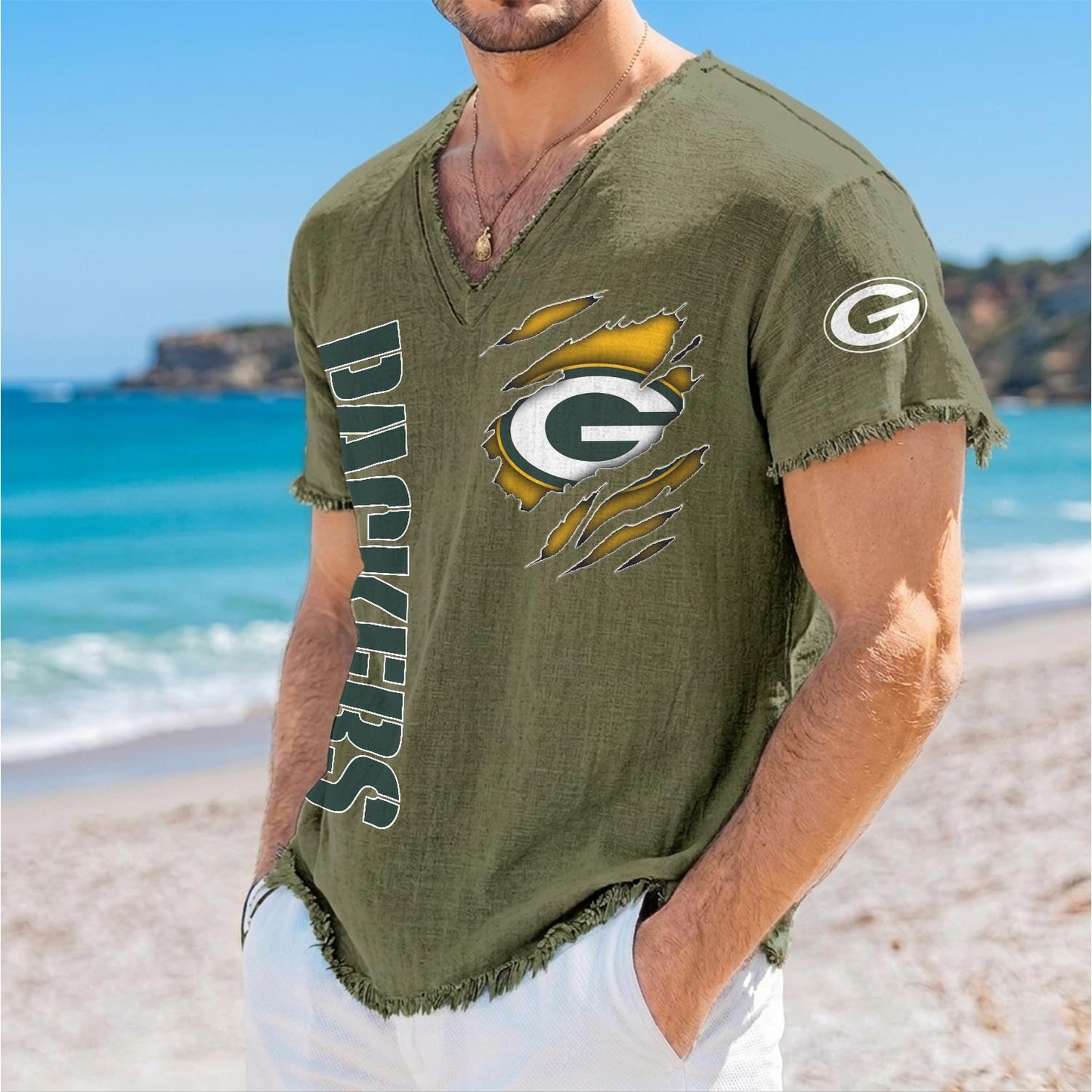 GB x NFL V-Neck Linen Beach Shirt 1905 DatND DVT