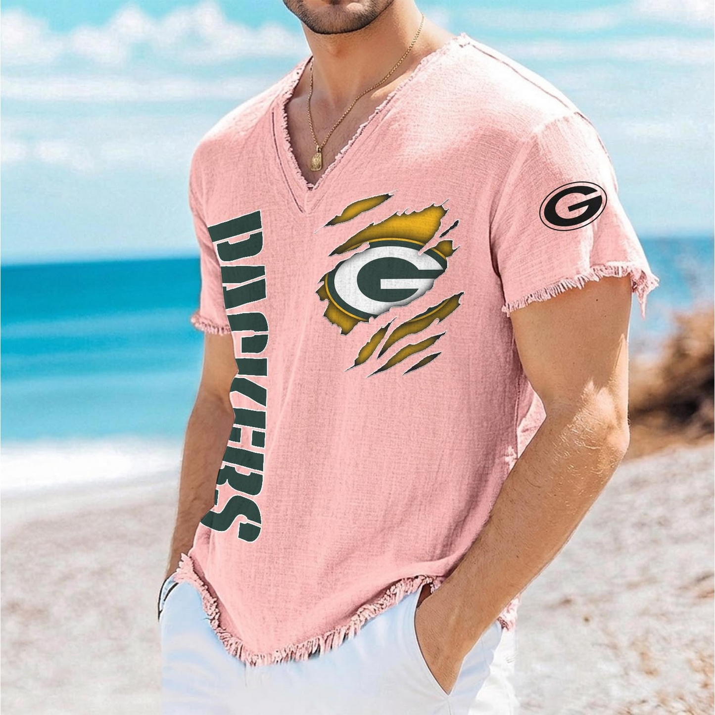 GB x NFL V-Neck Linen Beach Shirt 1905 DatND DVT