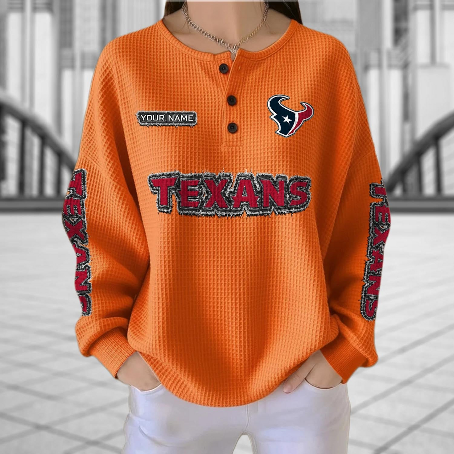 HOU x NFL Personalized Waffle Knit Henley Sweatshirt 2005 DatND DVT