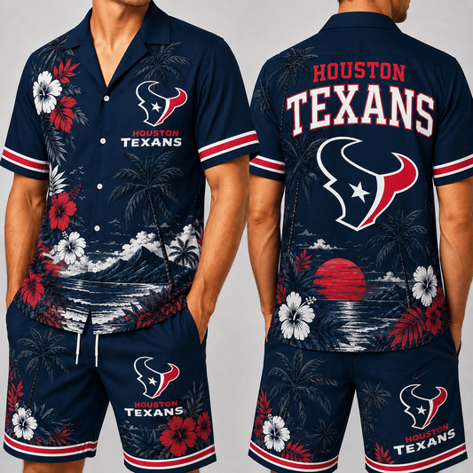 HOU x NFL Premium Championship Edition Hawaiian Shirt & Shorts Set Casual Summer Beachwear 1206