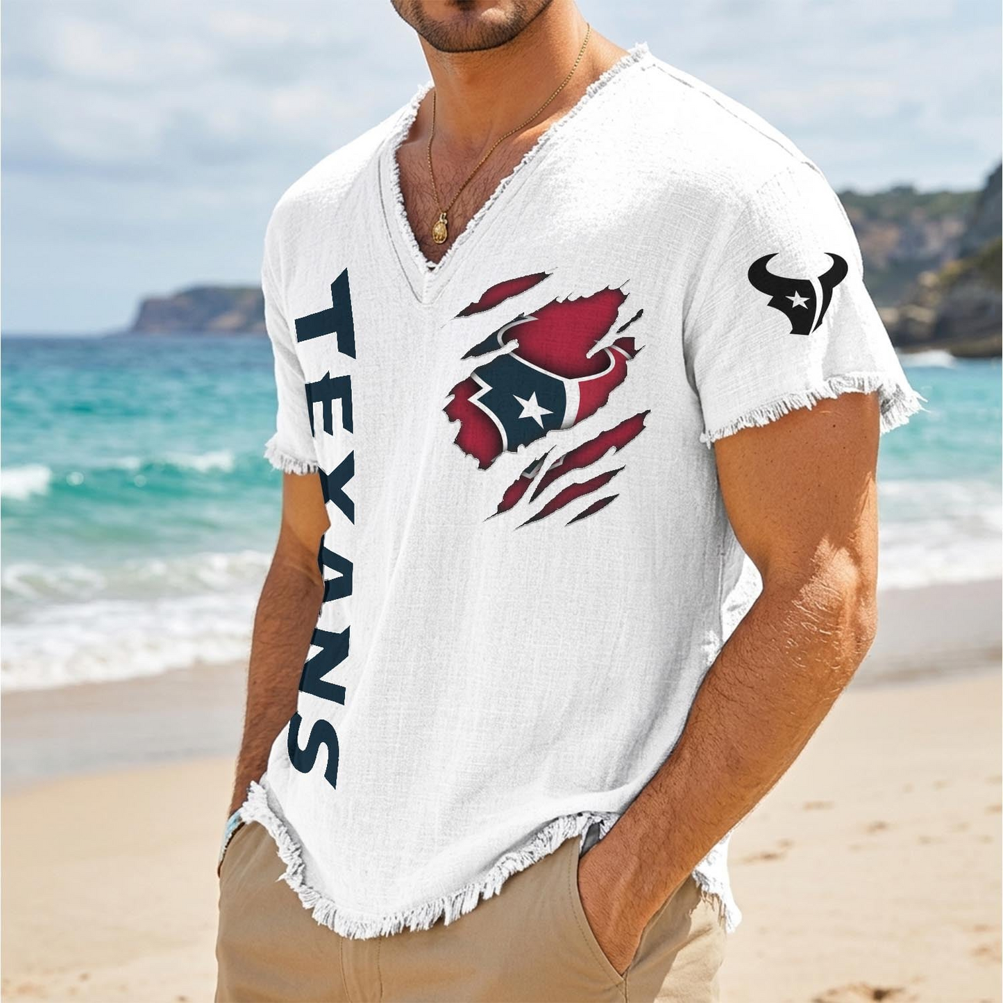 HOU x NFL V-Neck Linen Beach Shirt 1905 DatND DVT