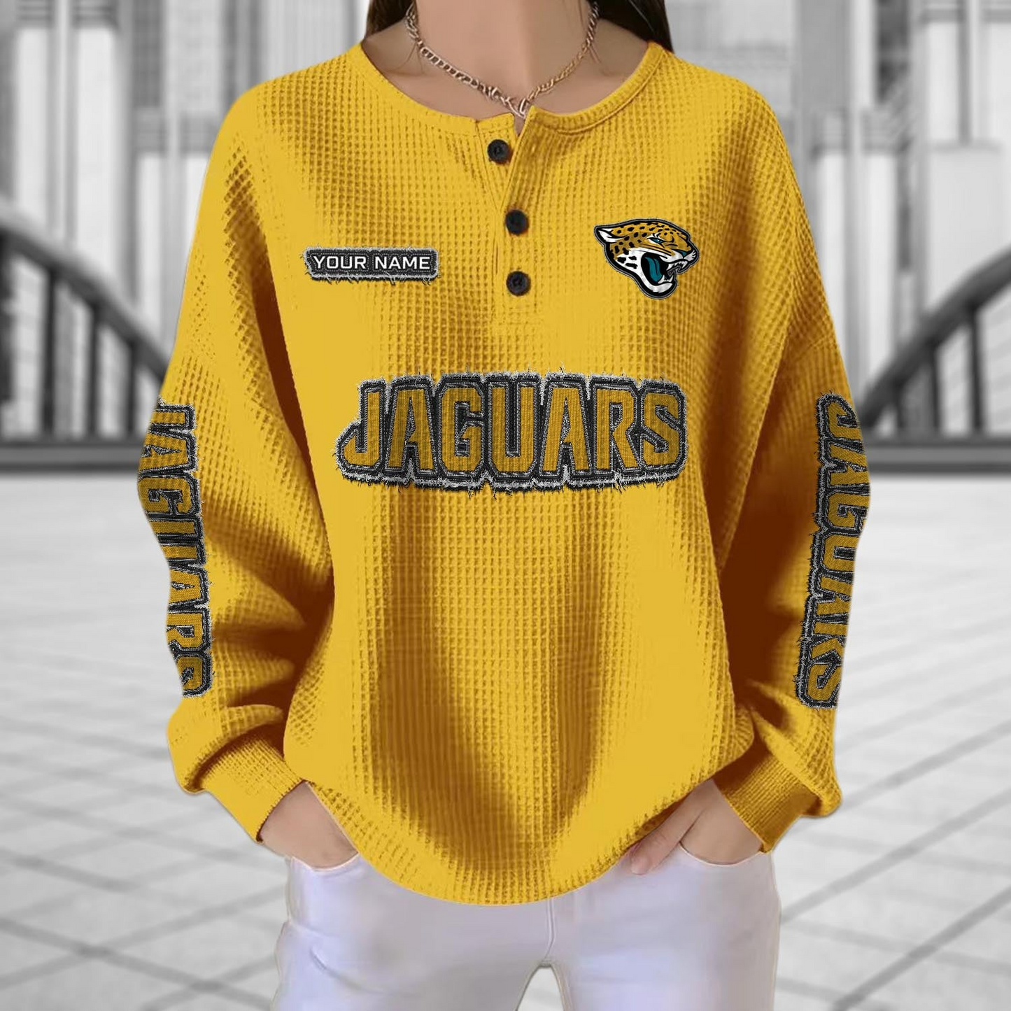 JAC x NFL Personalized Waffle Knit Henley Sweatshirt 2005 DatND DVT