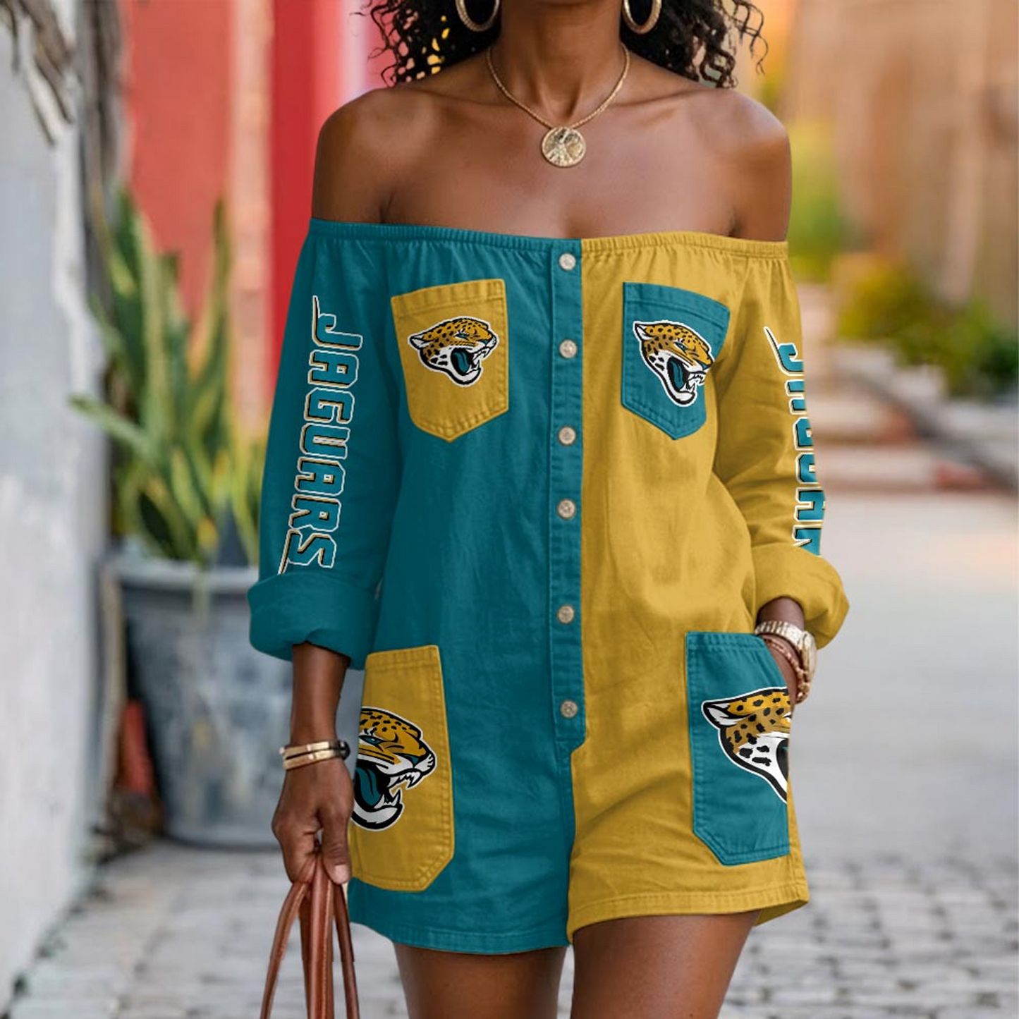 JAX x NFL Button-Front Off-Shoulder Dress DATND TANTD 060626