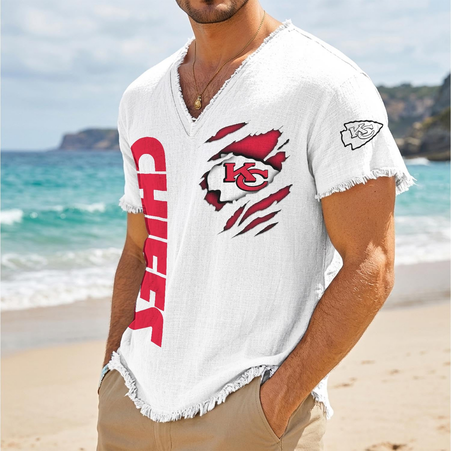KC x NFL V-Neck Linen Beach Shirt 1905 DatND DVT