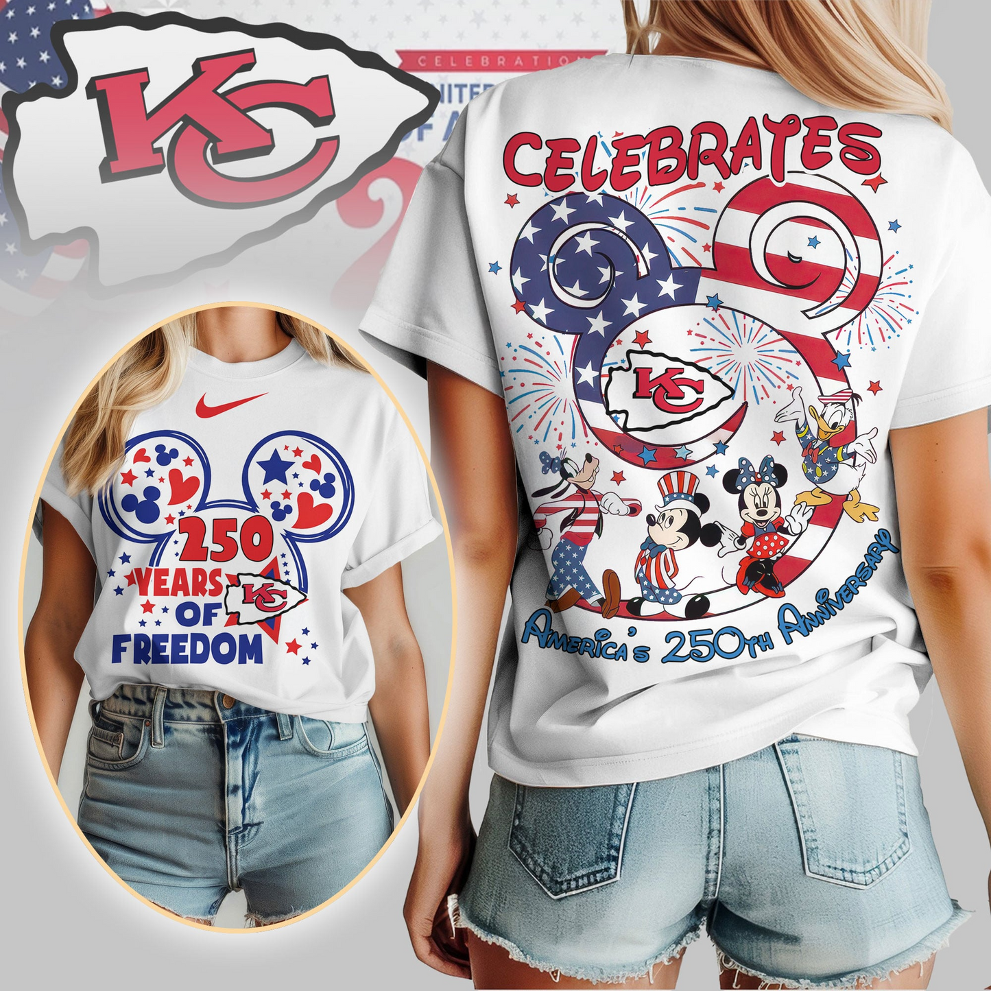 KCC Premium NFL Mickey Celebrates America 250th Anniversary Women Shirt DDT NTL