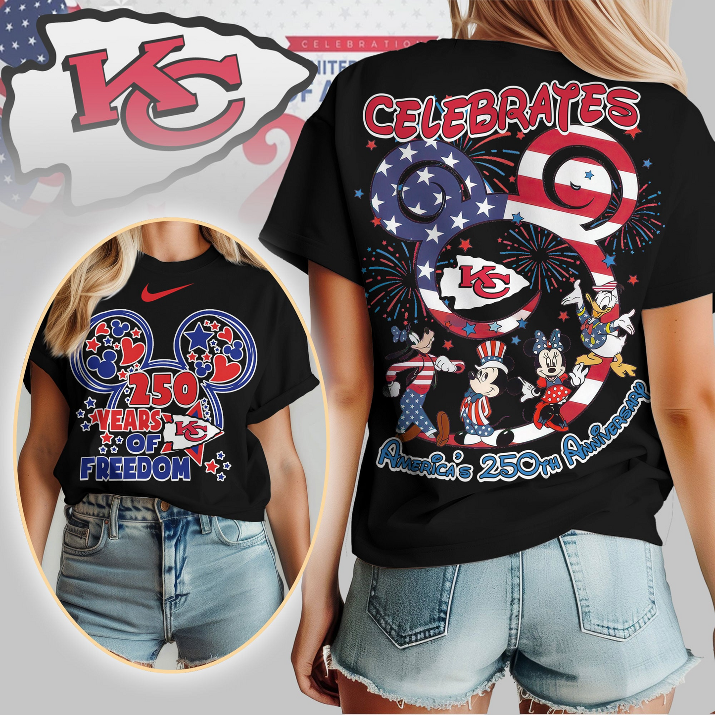 KCC Premium NFL Mickey Celebrates America 250th Anniversary Women Shirt DDT NTL