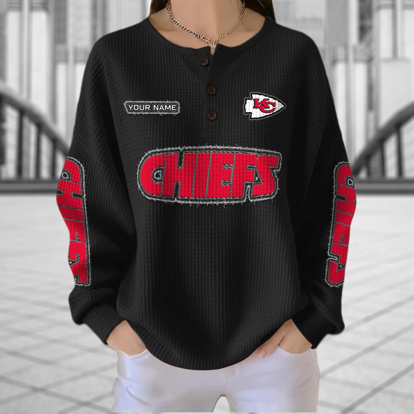 KC x NFL Personalized Waffle Knit Henley Sweatshirt 2005 DatND DVT