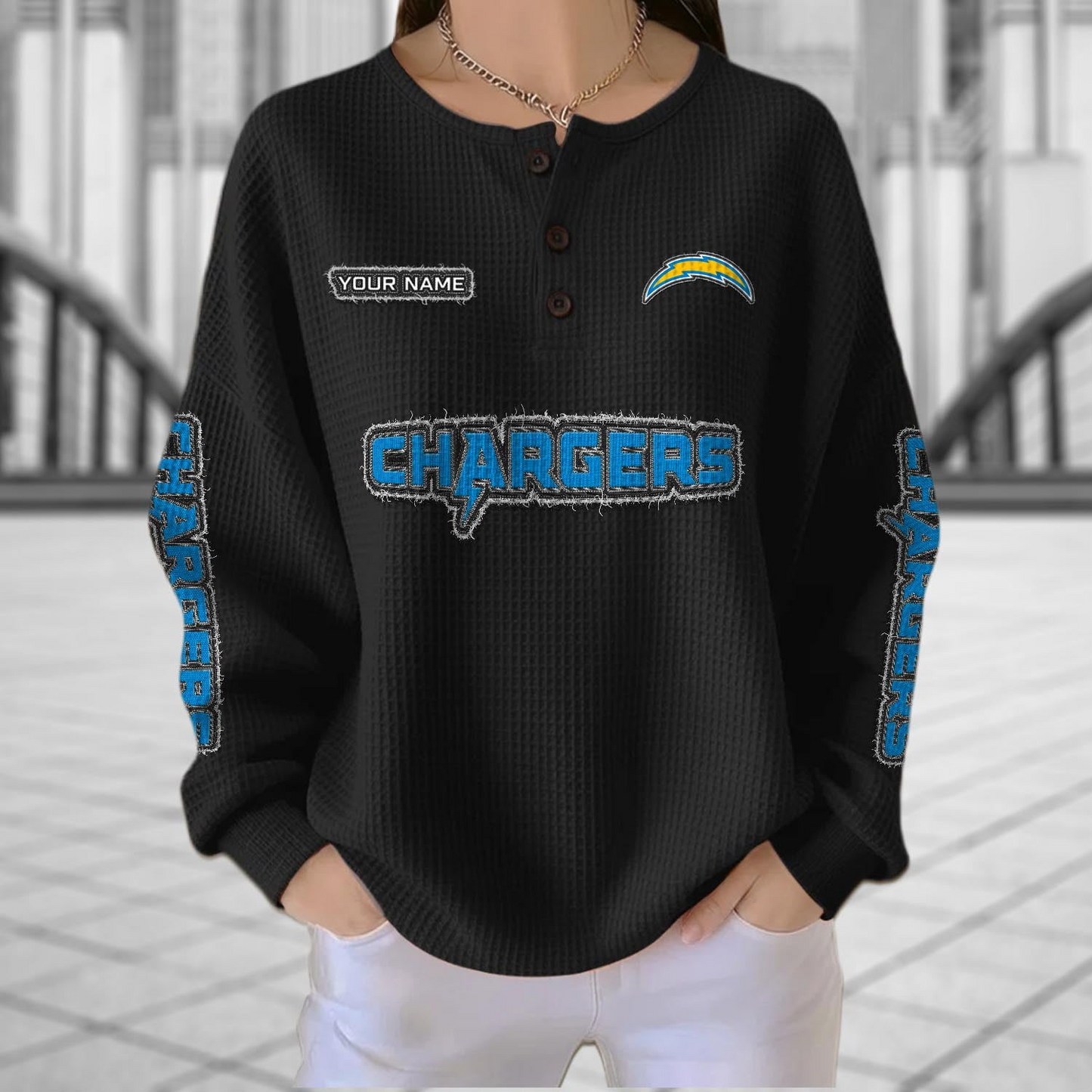 LAC x NFL Personalized Waffle Knit Henley Sweatshirt 2005 DatND DVT