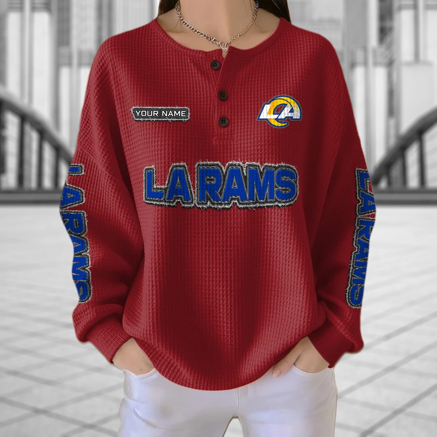 LAR x NFL Personalized Waffle Knit Henley Sweatshirt 2005 DatND DVT