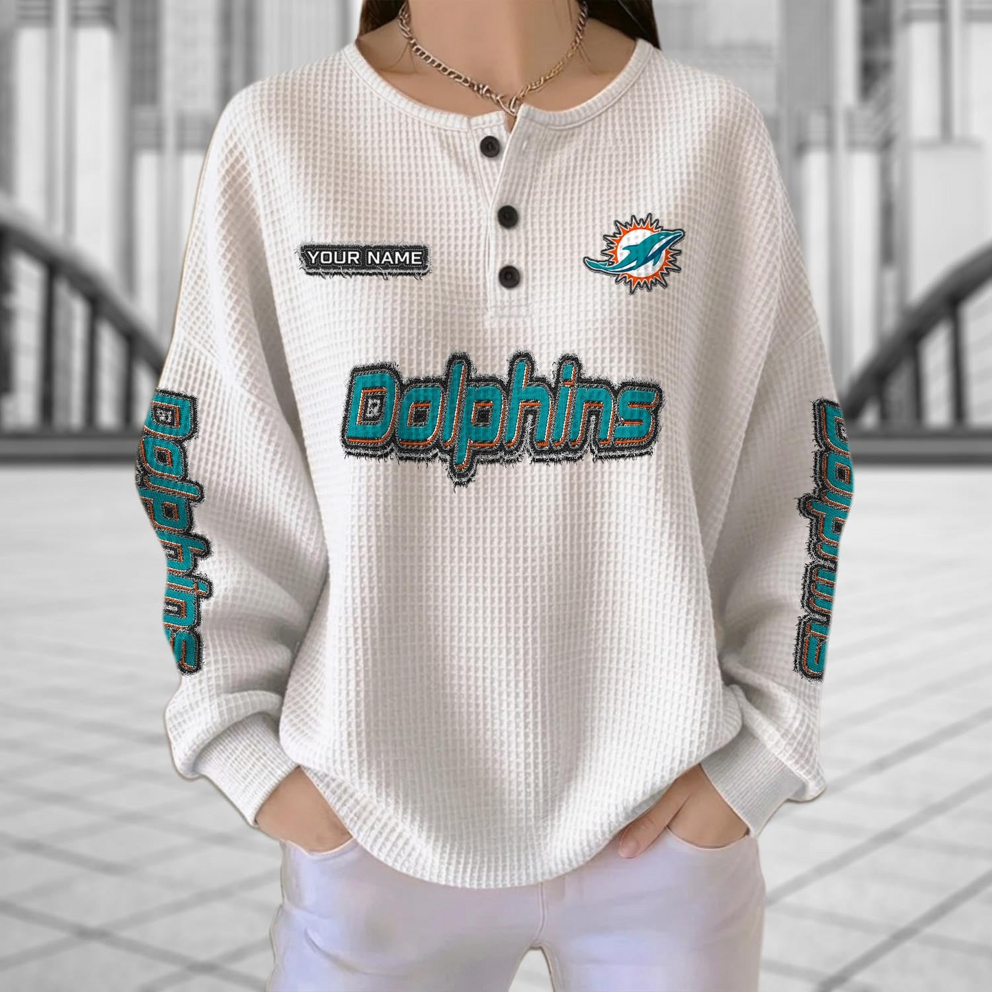MIA x NFL Personalized Waffle Knit Henley Sweatshirt 2005 DatND DVT