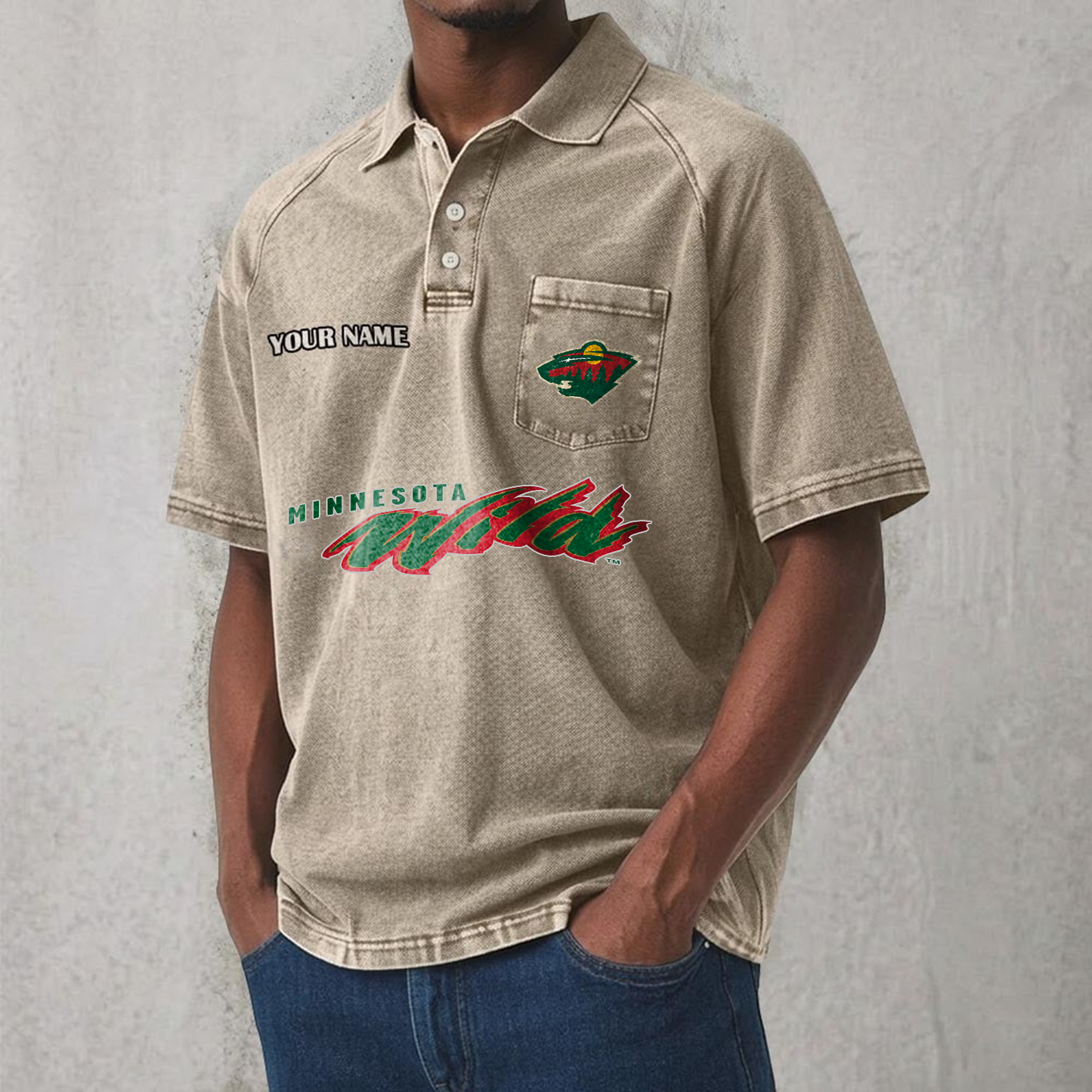 MIN x NHL Men's Distressed Turn-Down Collar Polo DATND TANTD 250526