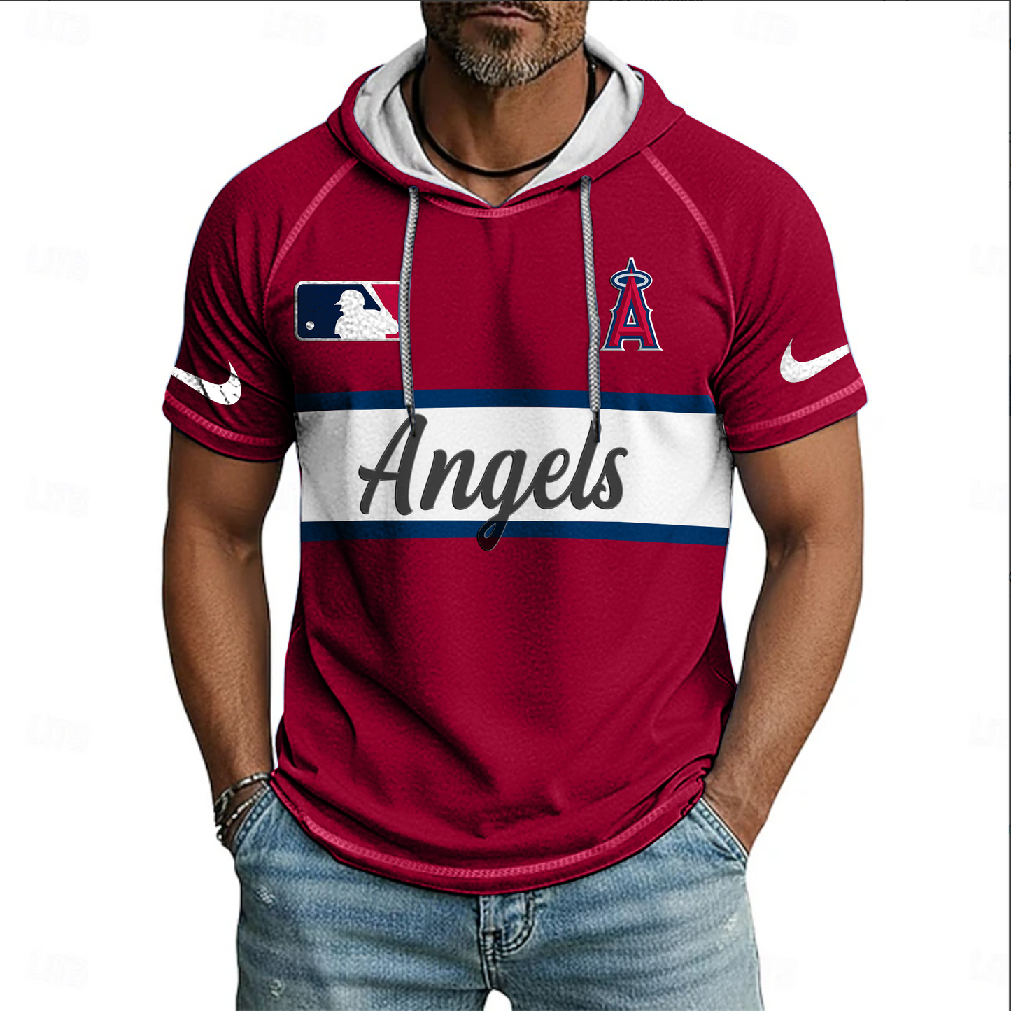 MLB x LAA Baseball Hooded Short Sleeve Shirt HLP 280426 HLPHUONG