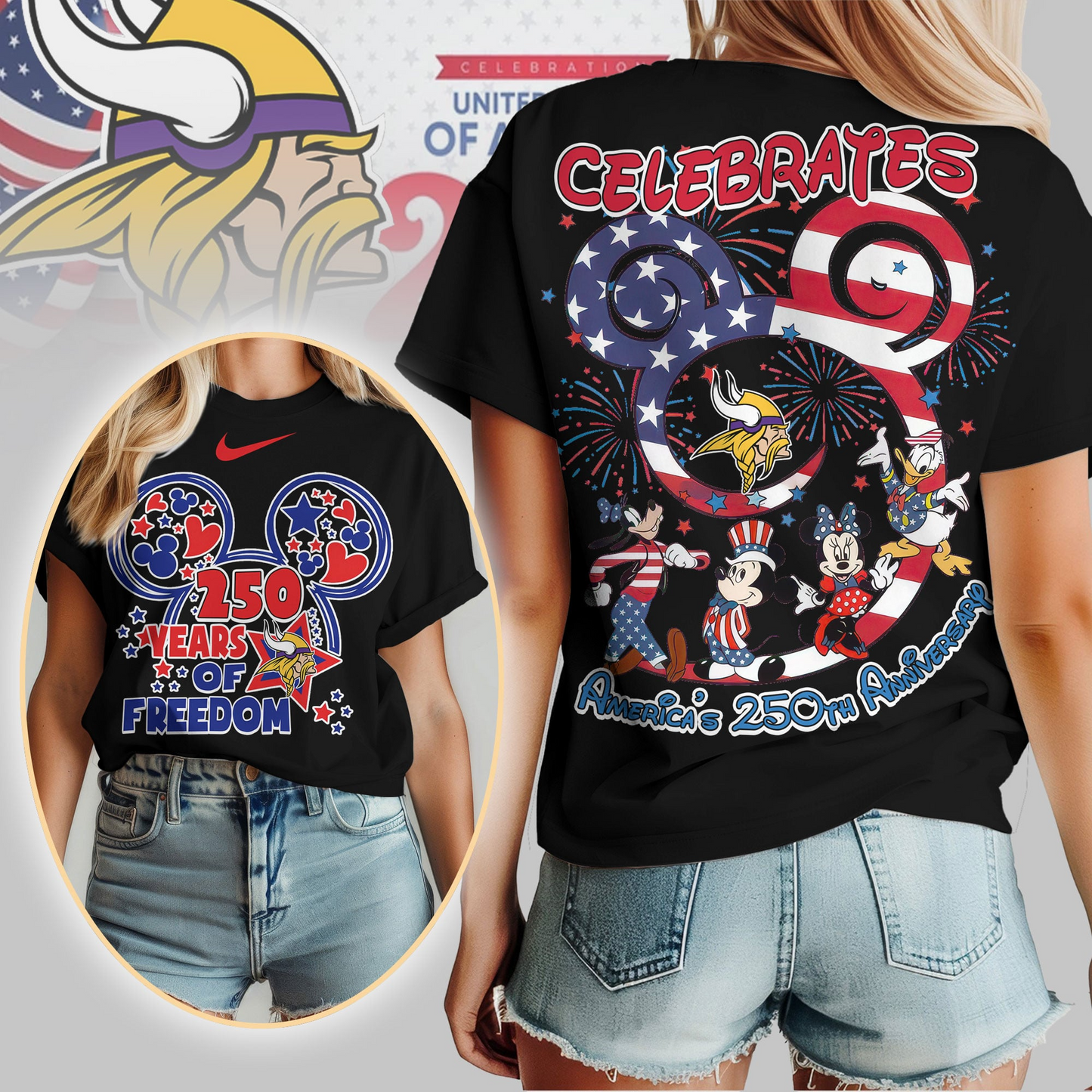 MV Premium NFL Mickey Celebrates America 250th Anniversary Women Shirt DDT NTL