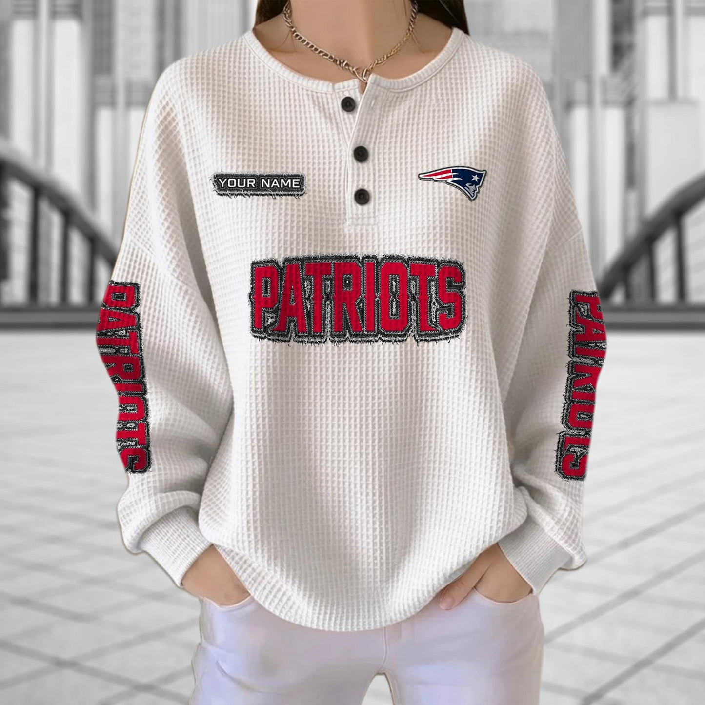 NE x NFL Personalized Waffle Knit Henley Sweatshirt 2005 DatND DVT
