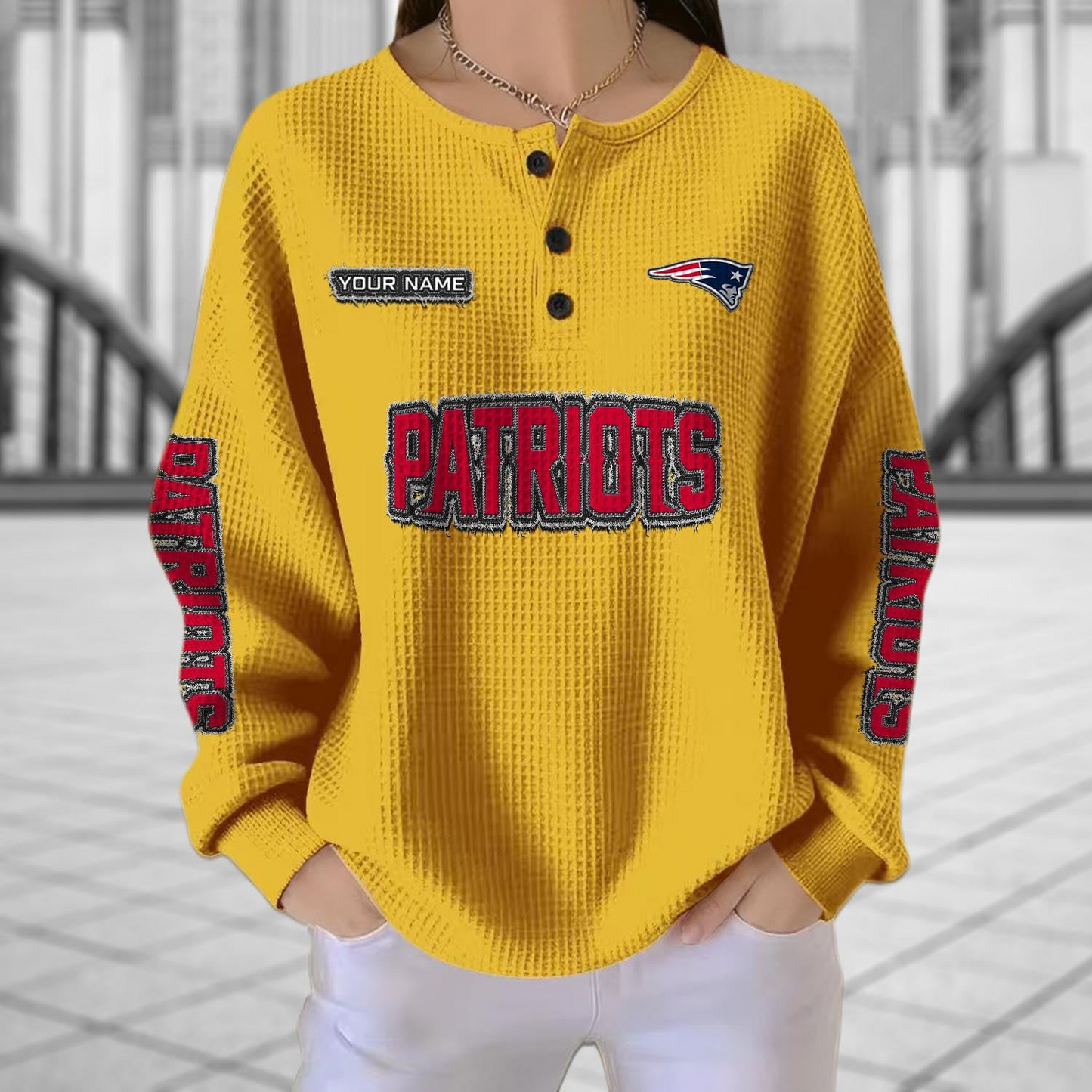 NE x NFL Personalized Waffle Knit Henley Sweatshirt 2005 DatND DVT