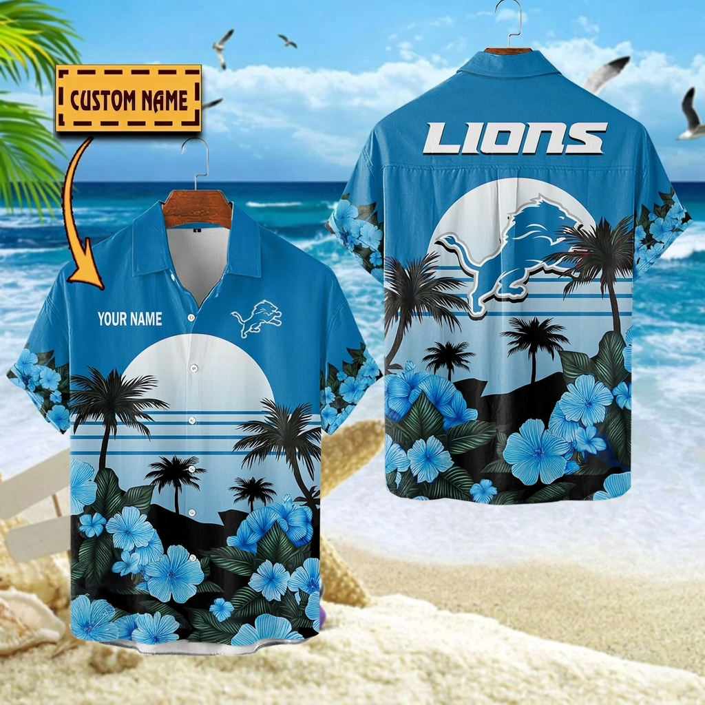 NFL x DET Football Palm Trees Flower Custom Name Hawaiian Shirt HLP 070526 LBN
