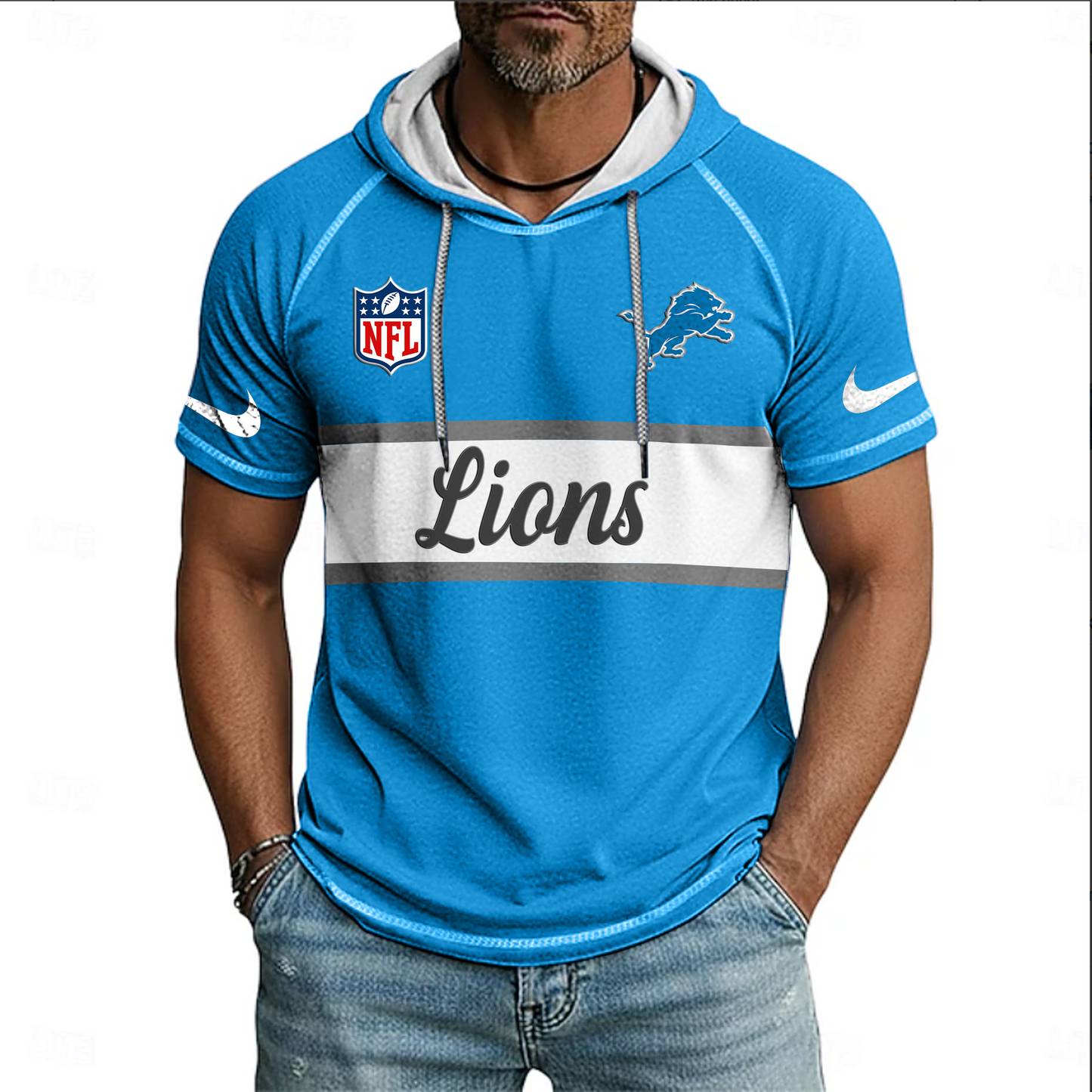 NFL x DET Sport Hooded Short Sleeve Shirt HLP 20426 HLPHUONG