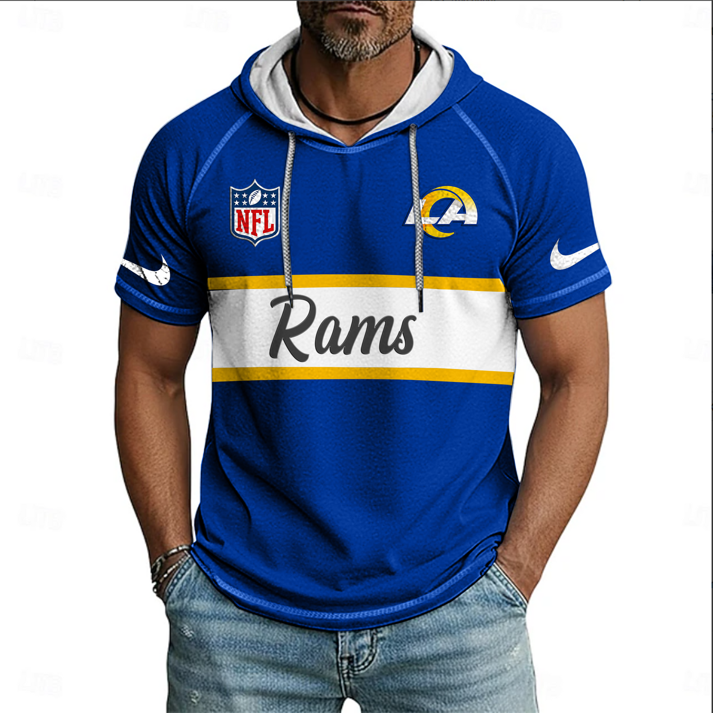 NFL x LAR Sport Hooded Short Sleeve Shirt HLP 20426 HLPHUONG