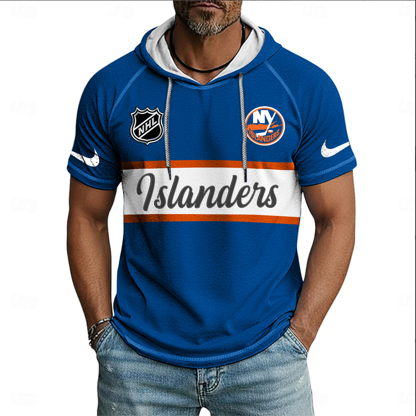 NHL x NYI Sport Hooded Short Sleeve Shirt HLP 70426 HLPHUONG