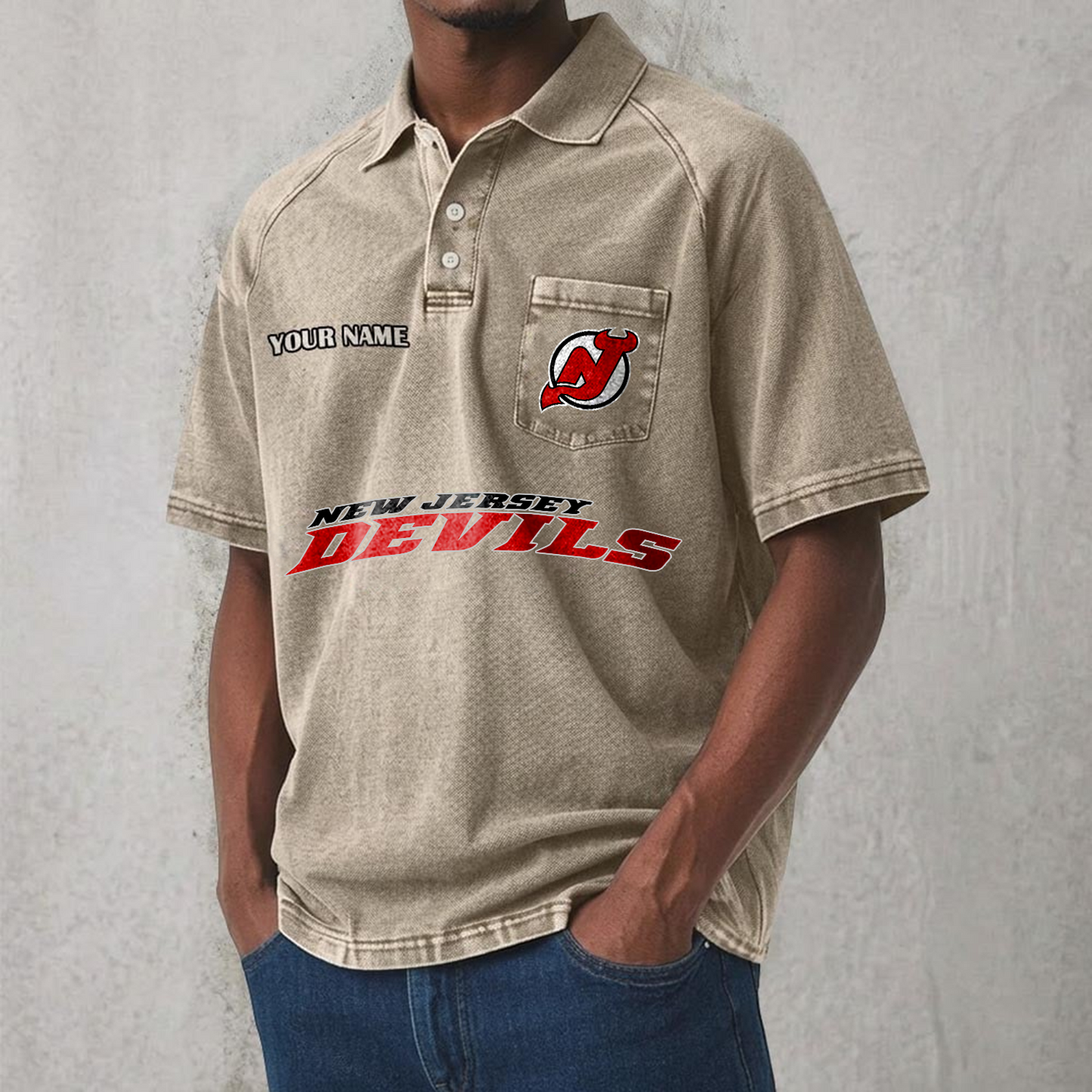 NJD x NHL Men's Distressed Turn-Down Collar Polo DATND TANTD 250526