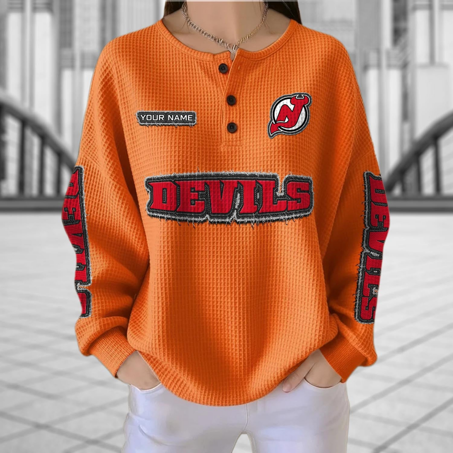 NJD x NHL Personalized Waffle Knit Henley Sweatshirt 2005 DatND DVT