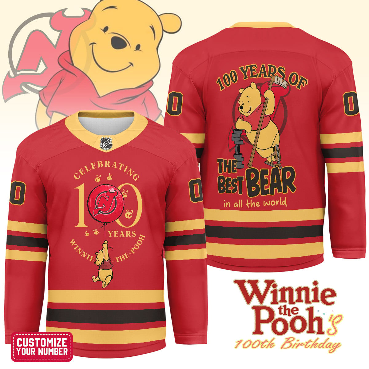NJD x NHL Premium Winnie The Pooh 100th Anniversary Hockey Jersey DDT CTND