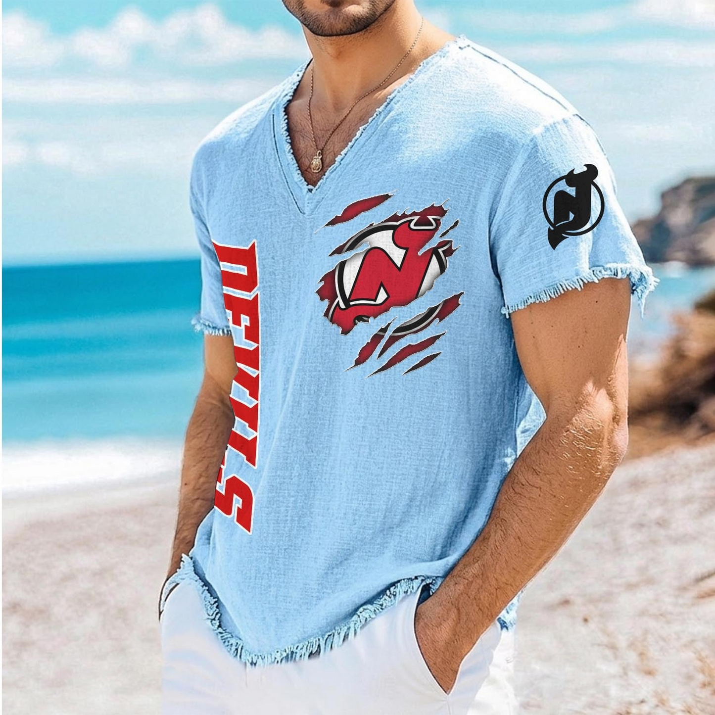 NJD x NHL V-Neck Linen Beach Shirt 1905 DatND DVT