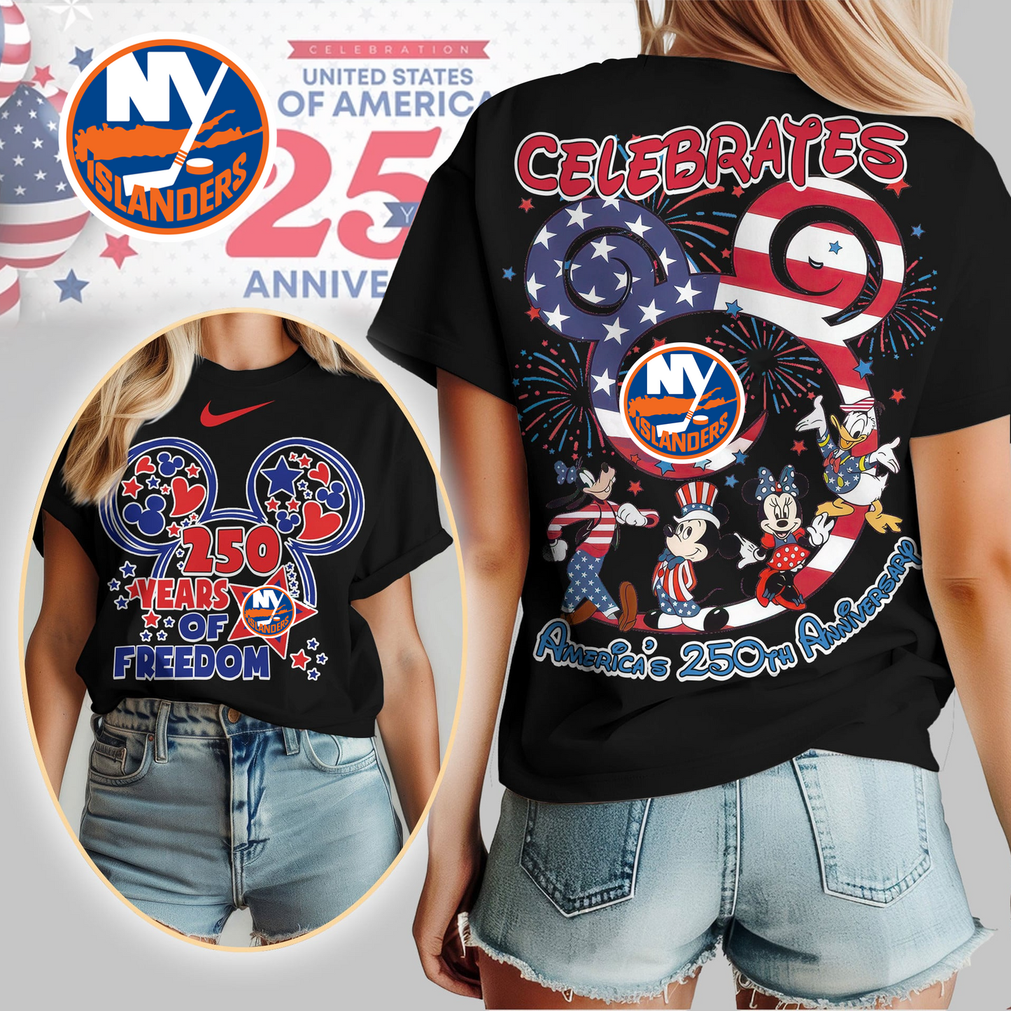 NYI Premium NHL Mickey Celebrates America 250th Anniversary Women Shirt DDT CTND