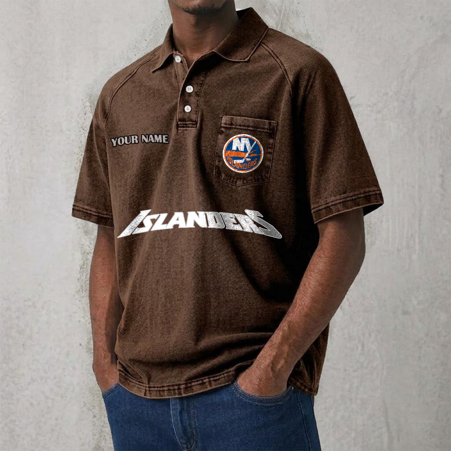 NYI x NHL Men's Distressed Turn-Down Collar Polo DATND TANTD 250526