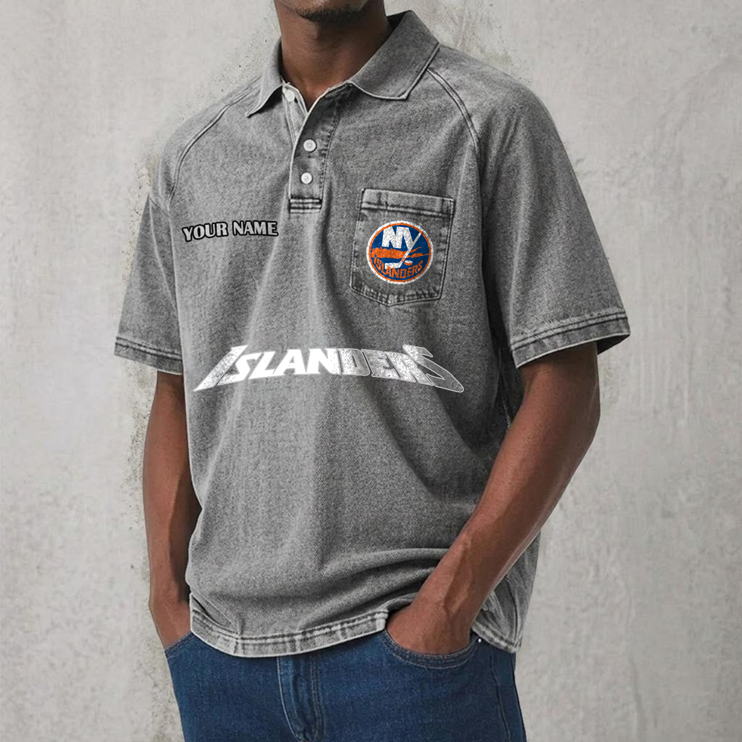NYI x NHL Men's Distressed Turn-Down Collar Polo DATND TANTD 250526