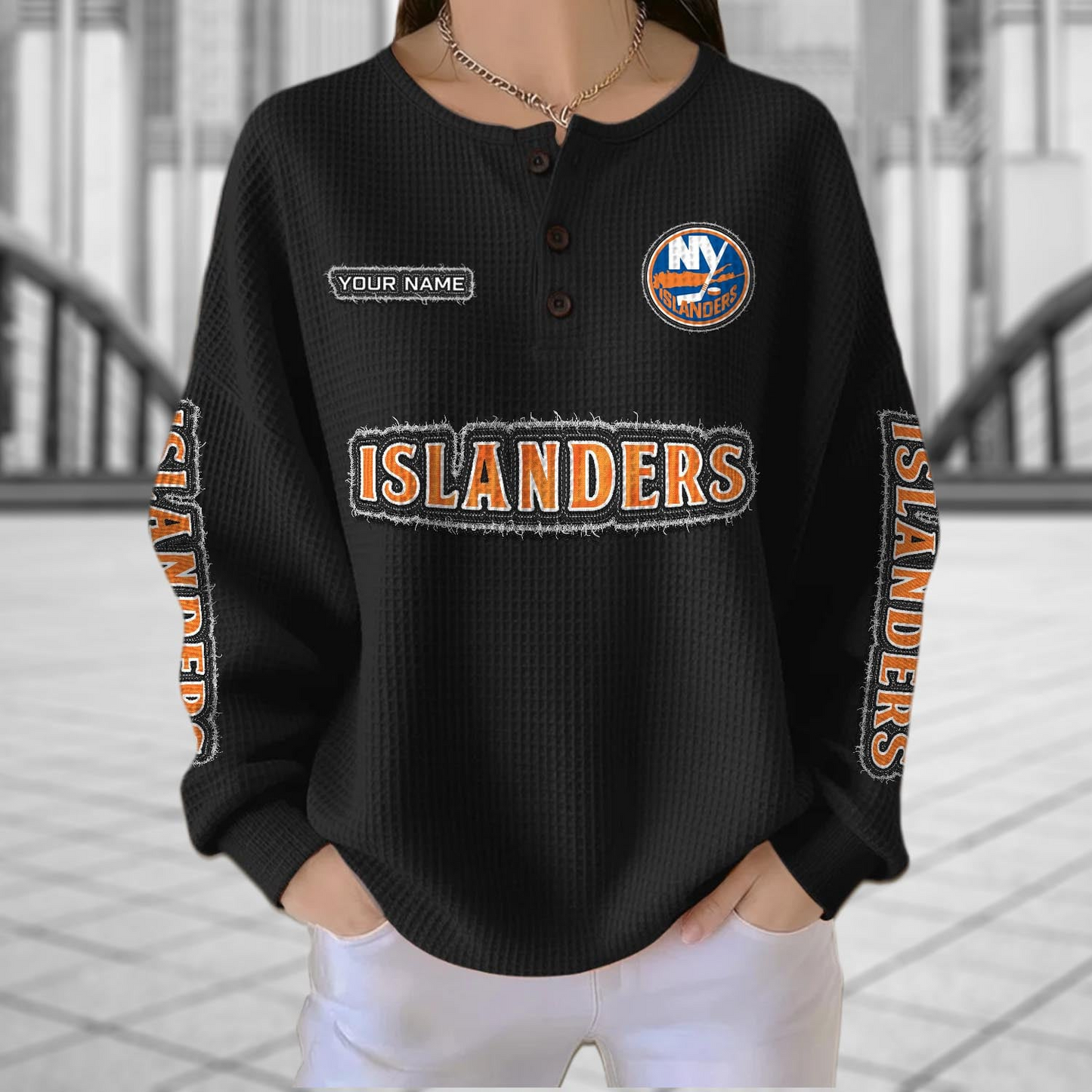 NYI x NHL Personalized Waffle Knit Henley Sweatshirt 2005 DatND DVT