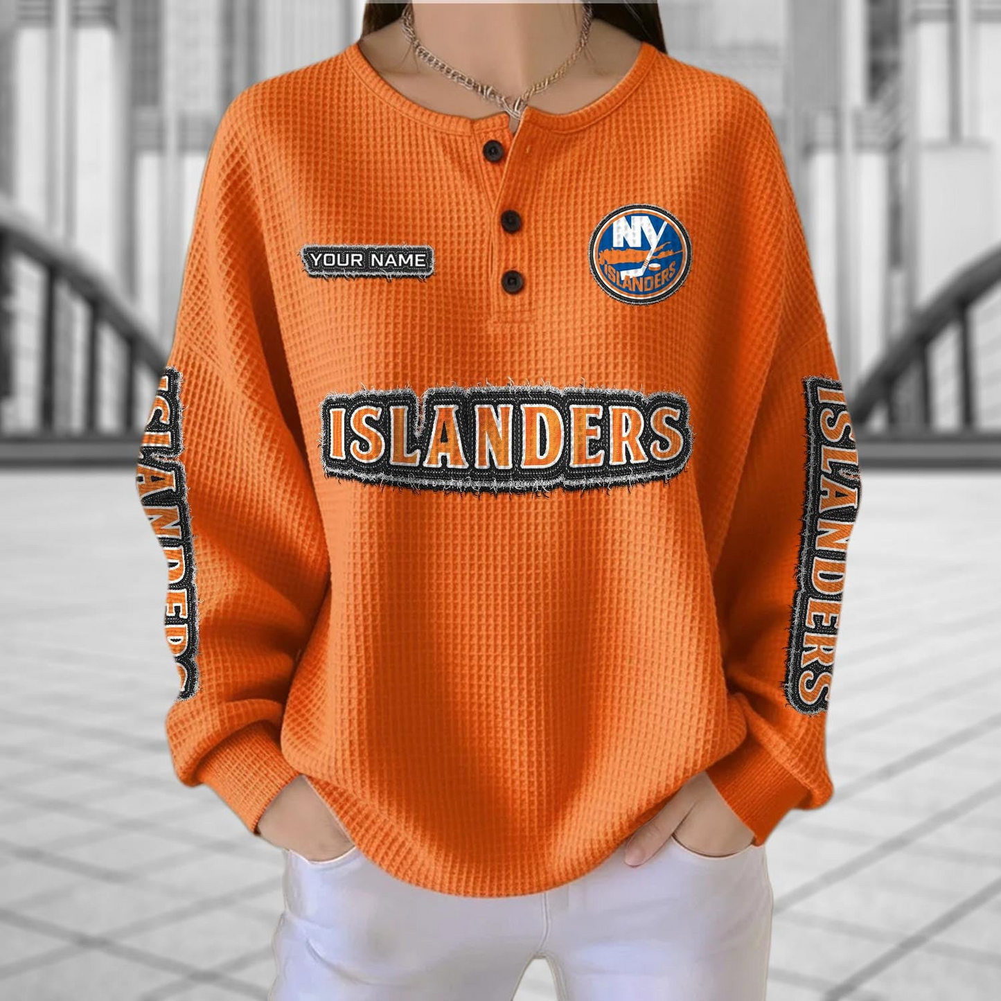 NYI x NHL Personalized Waffle Knit Henley Sweatshirt 2005 DatND DVT