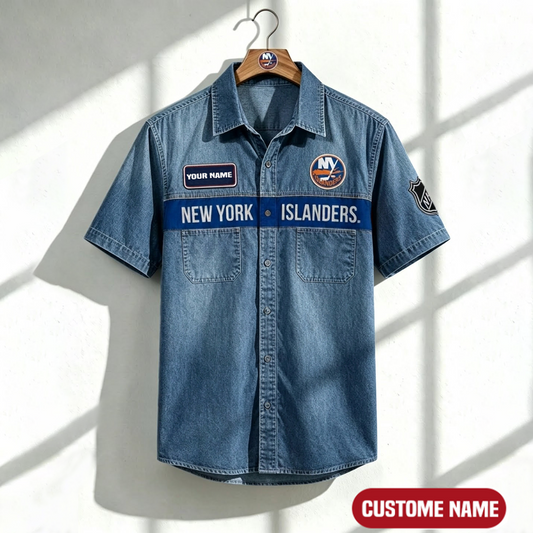 NYI x NHL Print Denim Short-Sleeve Work Shirt 180526 DatND LBN