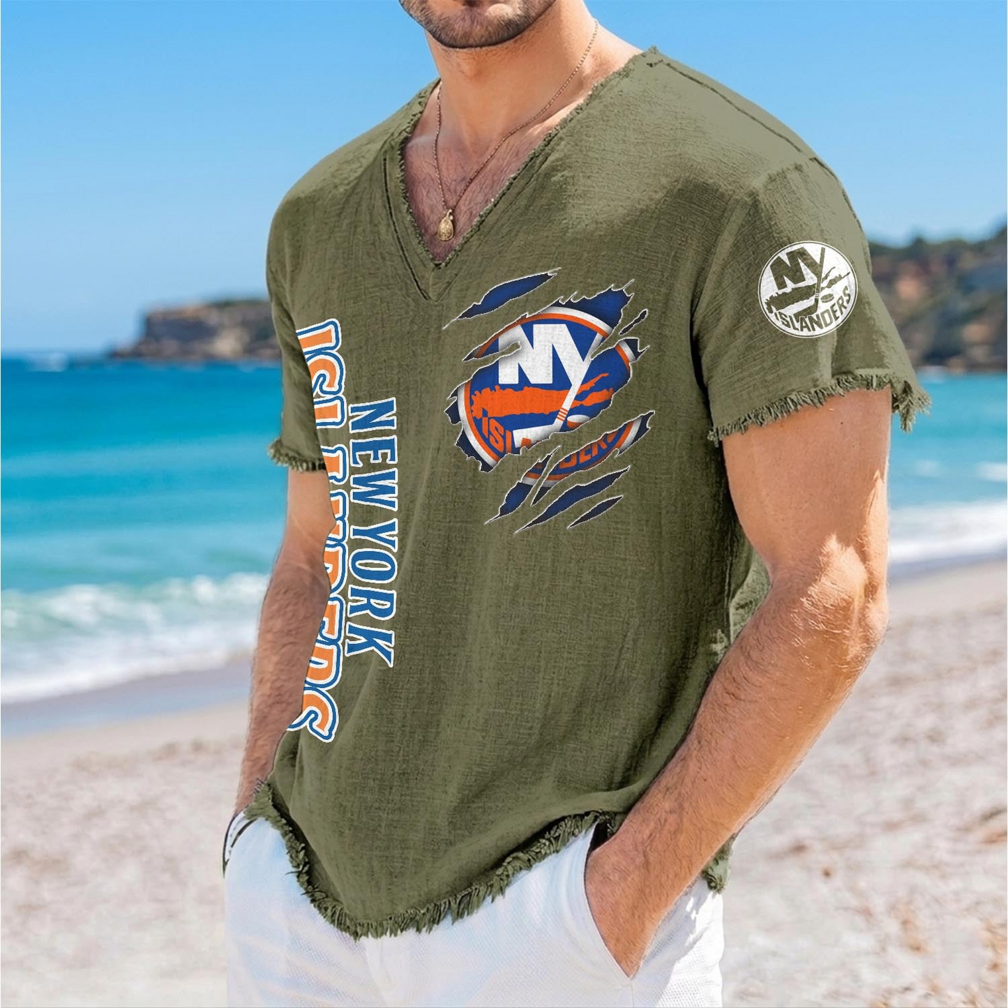 NYI x NHL V-Neck Linen Beach Shirt 1905 DatND DVT
