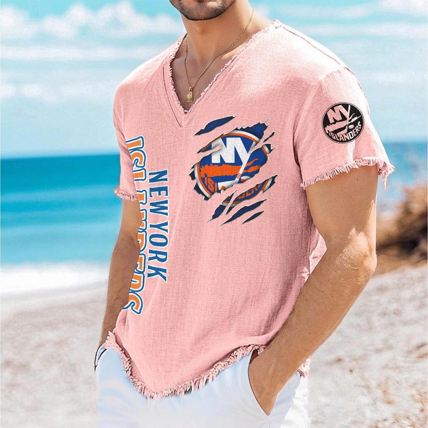 NYI x NHL V-Neck Linen Beach Shirt 1905 DatND DVT
