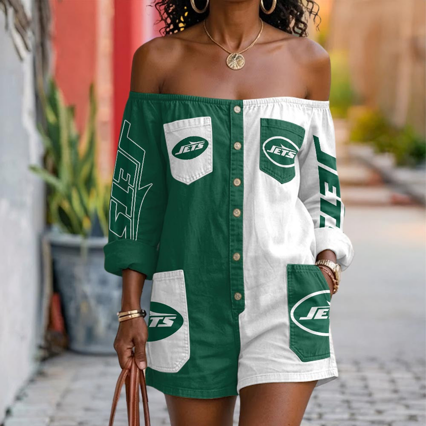 NYJ x NFL Button-Front Off-Shoulder Dress DATND TANTD 060626