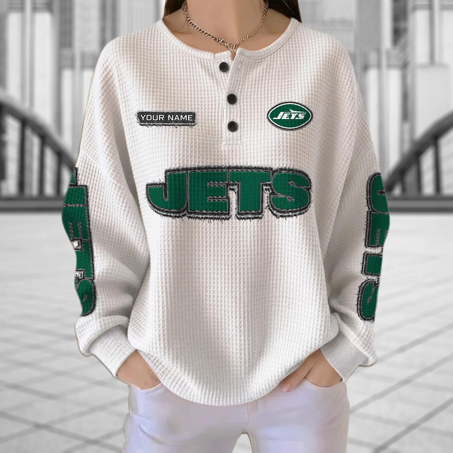NYJ x NFL Personalized Waffle Knit Henley Sweatshirt 2005 DatND DVT