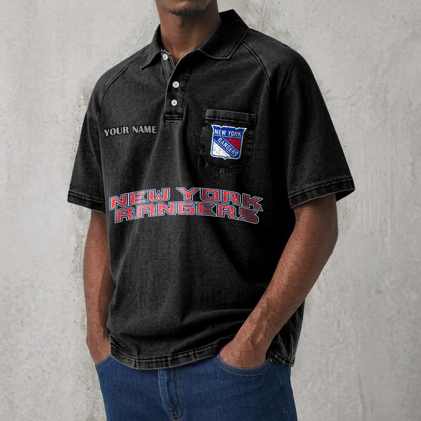NYR x NHL Men's Distressed Turn-Down Collar Polo DATND TANTD 250526