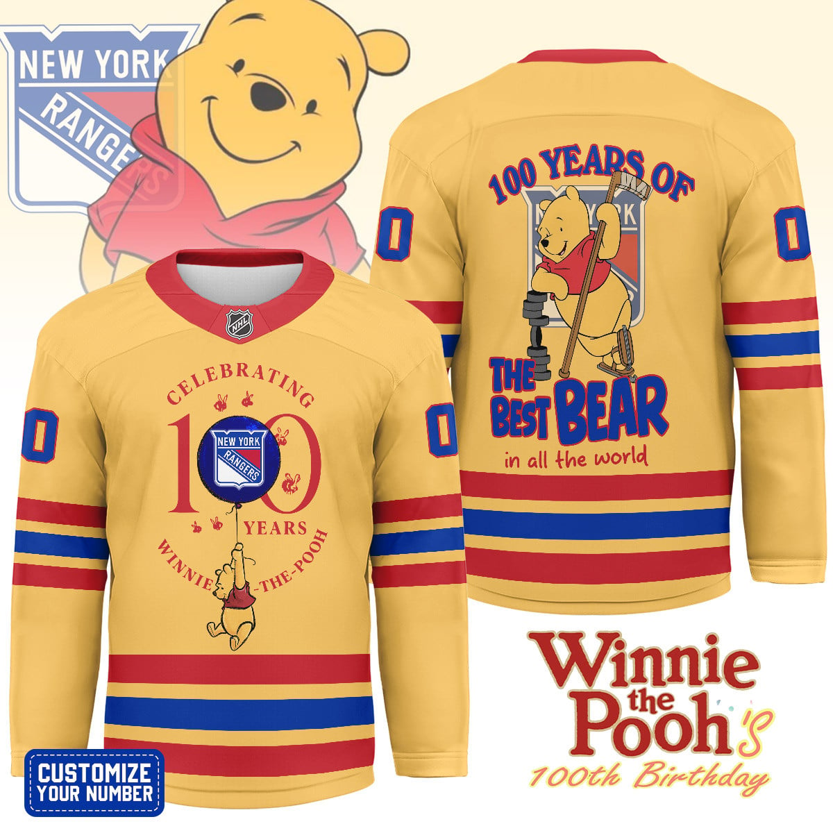 NYR x NHL Premium Winnie The Pooh 100th Anniversary Hockey Jersey DDT CTND