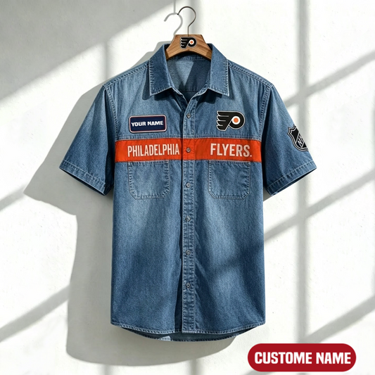 PF x NHL Print Denim Short-Sleeve Work Shirt 180526 DatND LBN