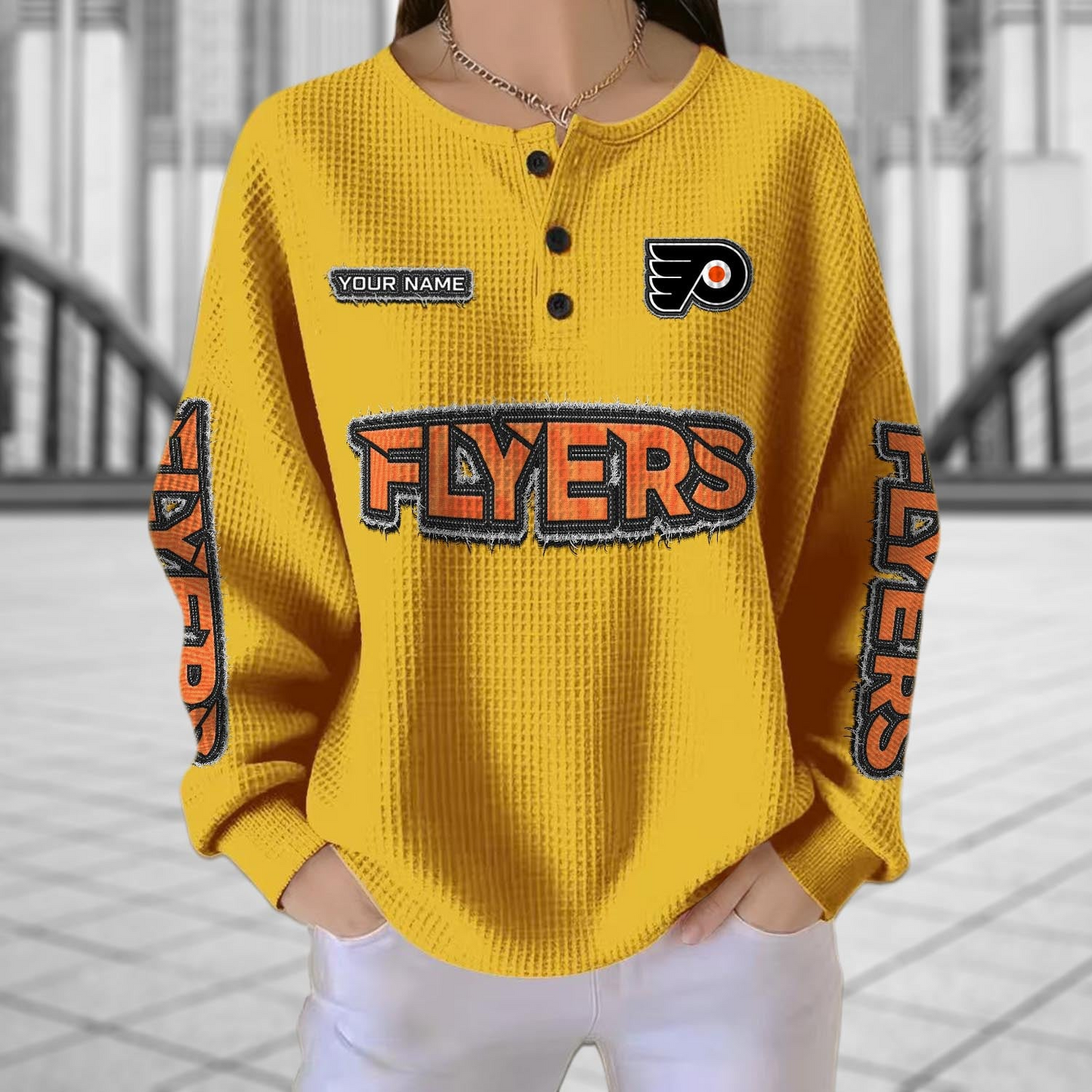 PHI x NHL Personalized Waffle Knit Henley Sweatshirt 2005 DatND DVT